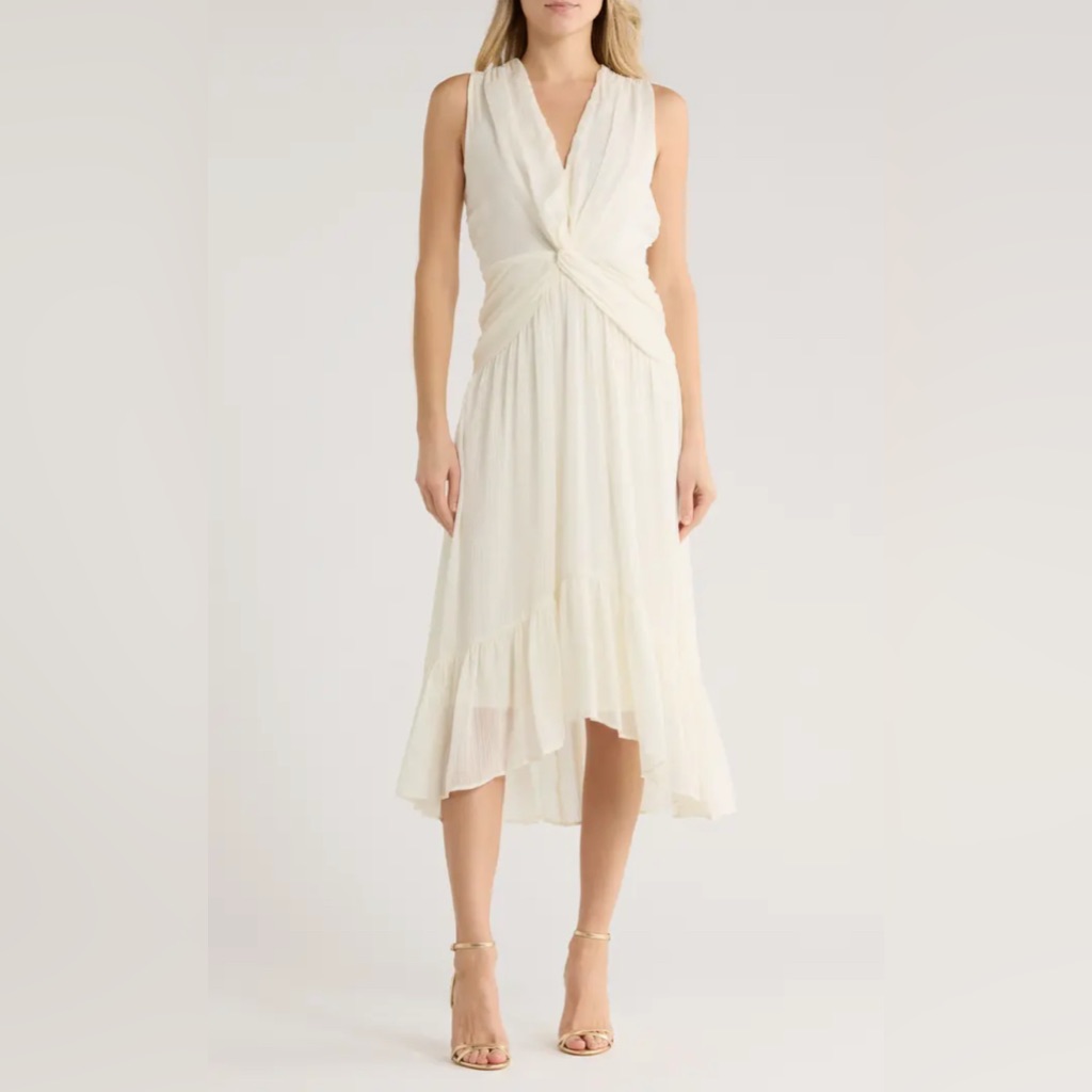 Nwt Dkny Size 8 Women's Twist Front Midi A-Line Dress In Eggshell